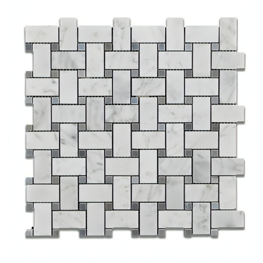 Carrara White Marble Polished Basketweave Mosaic Tile W/ Blue - gray Dots - Hey Tiles