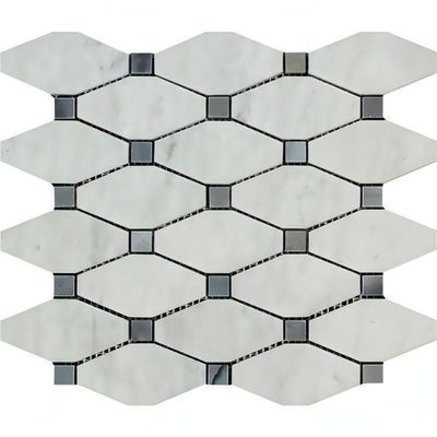 Carrara White Marble Honed Octave Pattern Mosaic Tile W/ Blue Gray Dots - heytiles