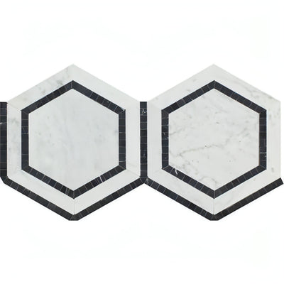 Carrara White Marble Polished 5" Hexagon Combination Mosaic Tile W / Black - heytiles