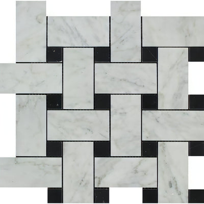 Carrara White Marble Honed Large Basketweave Mosaic Tile W/ Black Dots - heytiles