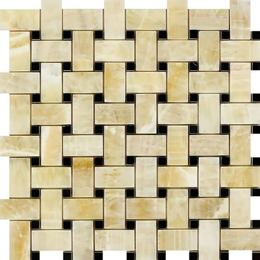 Honey Onyx Basketweave Mosaic w/ Black Dots 3/8 Polished - Hey Tiles