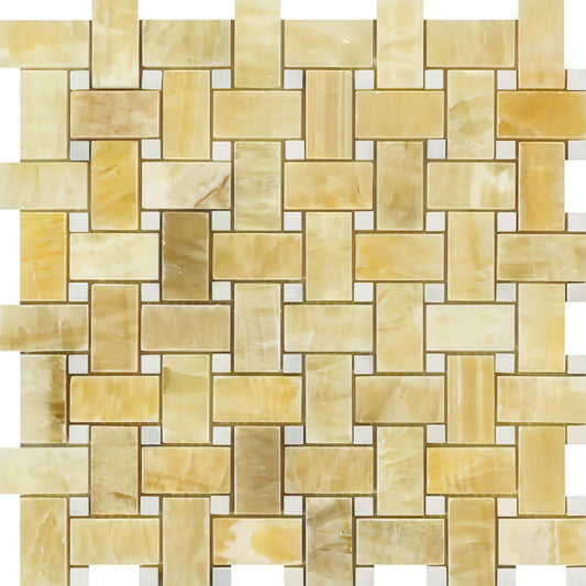 Honey Onyx Basketweave Mosaic w/ White Dots 3/8 Polished - Hey Tiles