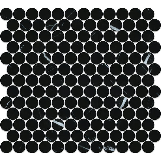 Nero Marquina Marble - Honed Penny Round Mosaic - Hey Tiles