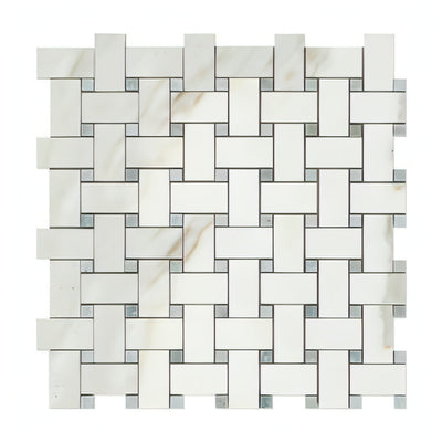 Calacatta Gold Marble Honed Basketweave Mosaic Tile W/ Ming-green Dots - heytiles