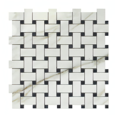 Calacatta Gold Marble Honed Basketweave Mosaic Tile W/ Black Dots - heytiles