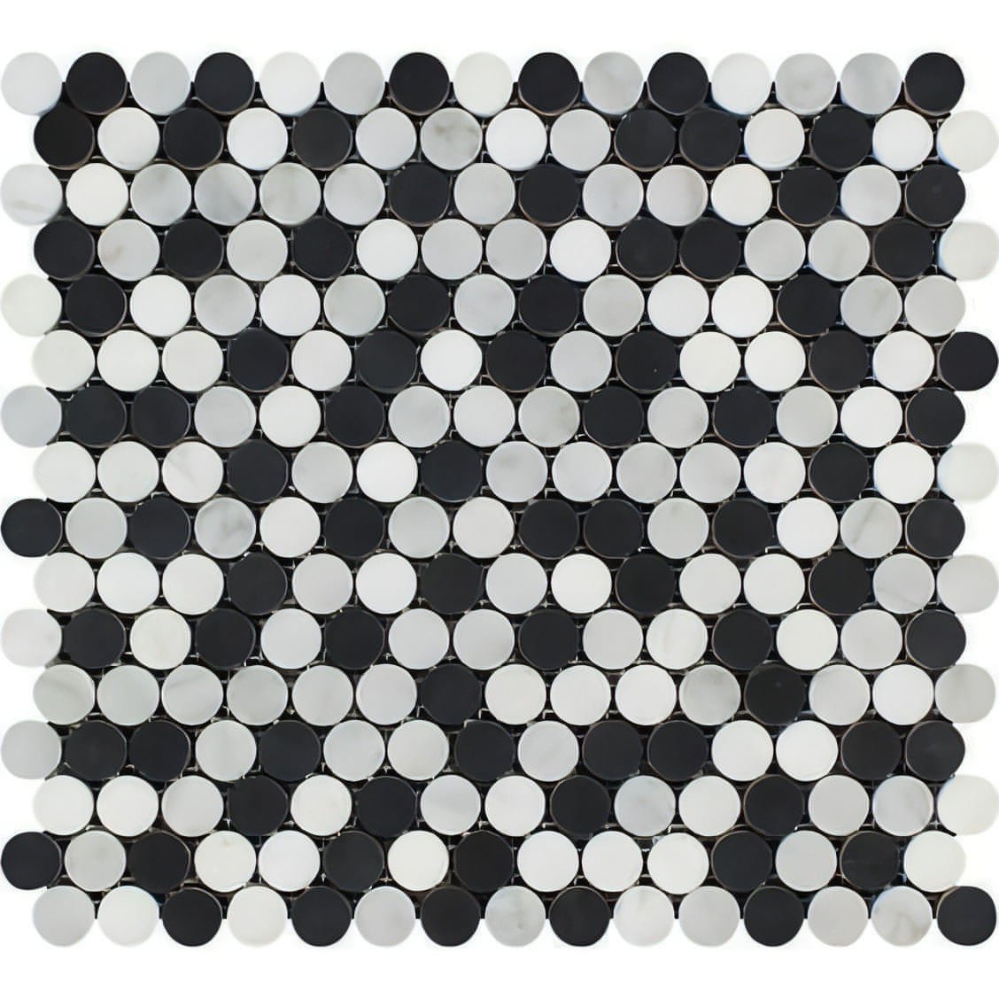 Thassos White + Carrara White + Nero Marquina Marble Penny Round Mosaic Polished / Honed - Hey Tiles