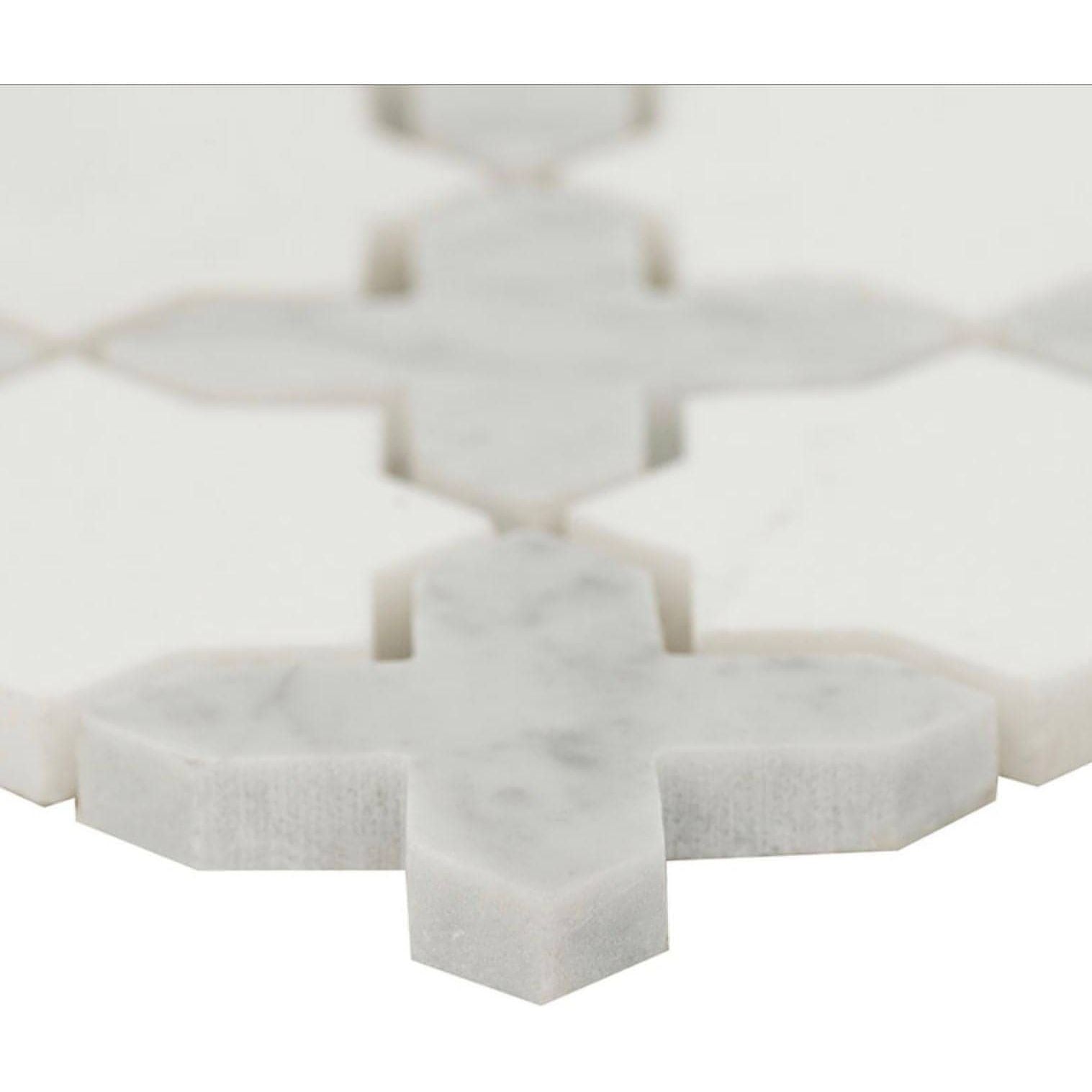 Thassos White + Carrara White Vera Ann Polished Pattern Mosaic Tile 11.81” x 11.81” - Hey Tiles