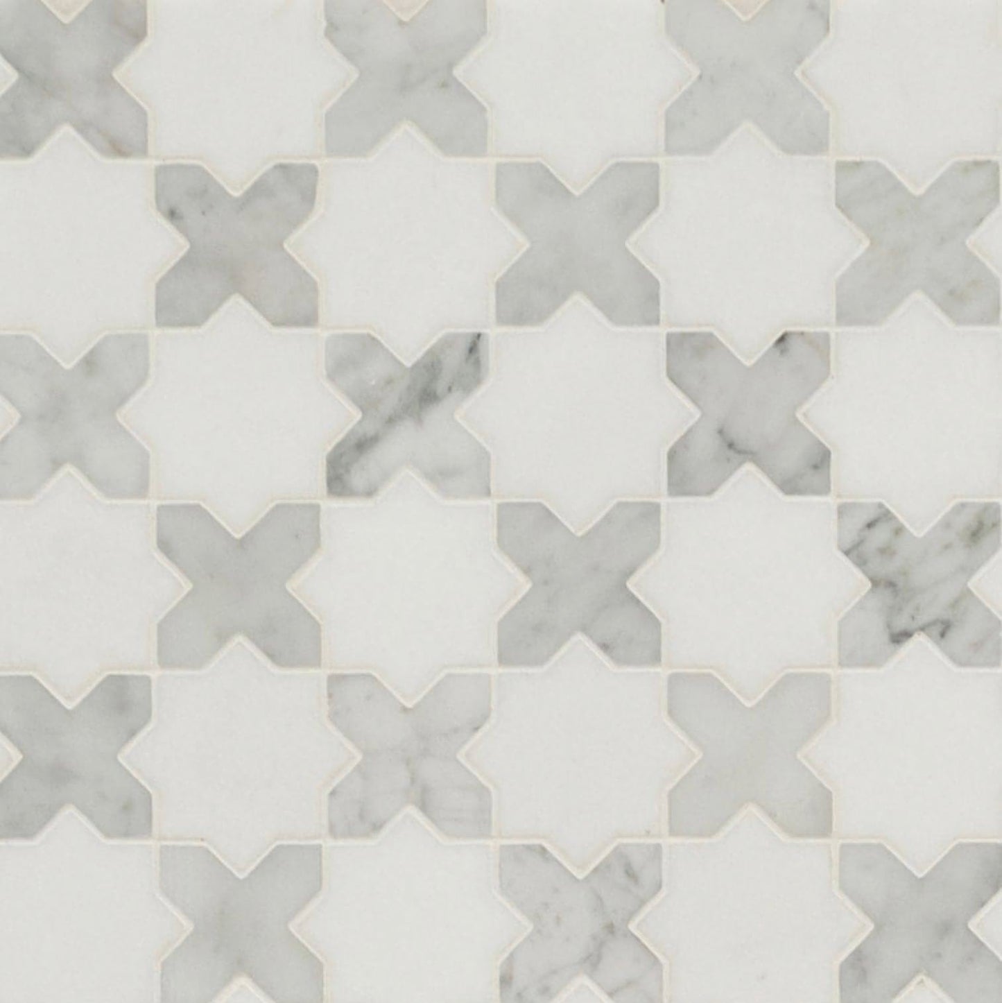 Thassos White + Carrara White Vera Ann Polished Pattern Mosaic Tile 11.81” x 11.81” - Hey Tiles