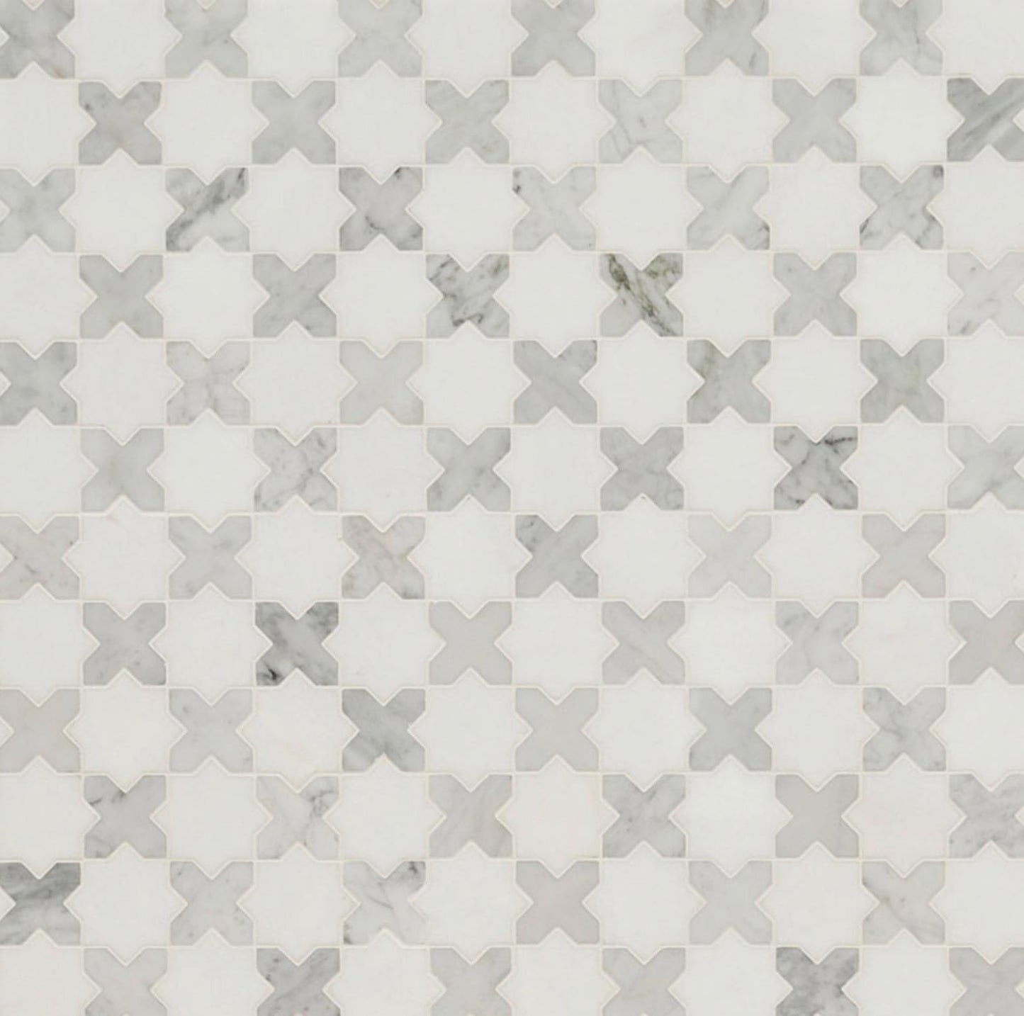 Thassos White + Carrara White Vera Ann Polished Pattern Mosaic Tile 11.81” x 11.81” - Hey Tiles