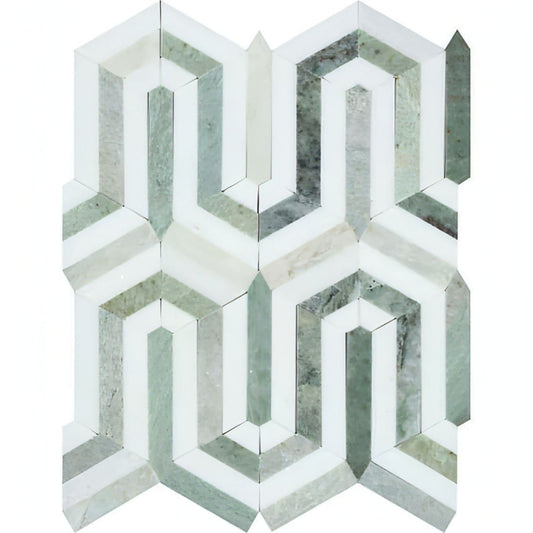 Thassos White Marble Berlinetta with Icelandic Green Mosaic Tile - Hey Tiles