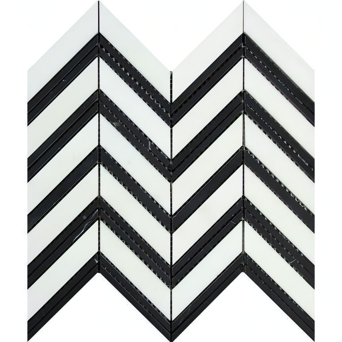 Thassos White Marble Large Chevron Mosaic Tile W / Black Dots Strips - Hey Tiles