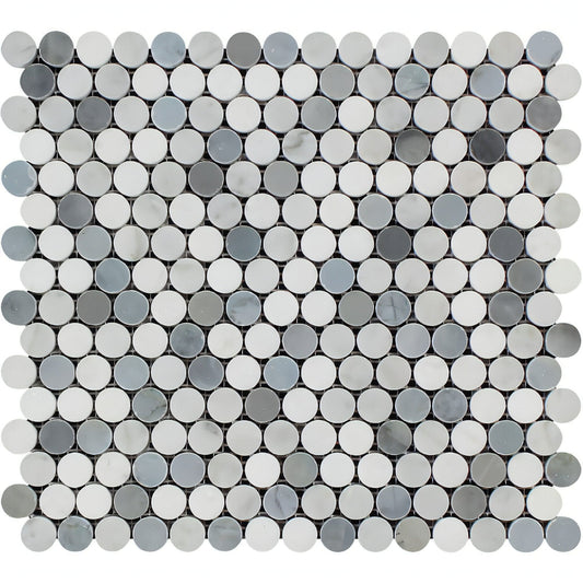 Thassos White Marble Polished Penny Round Mosaic Tile W/ Blue Gray Dots - Hey Tiles