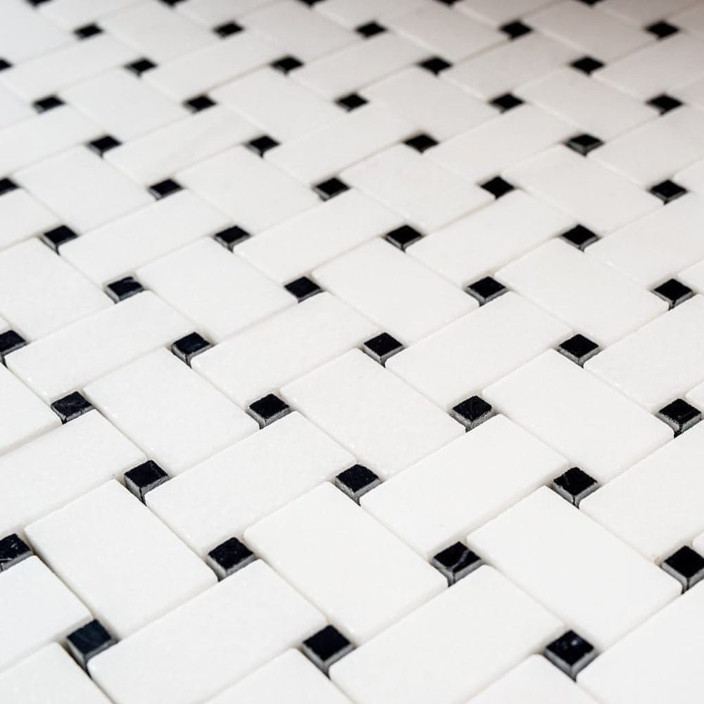 Thassos White Marble with Nero Marquina Dots Weave - Hey Tiles