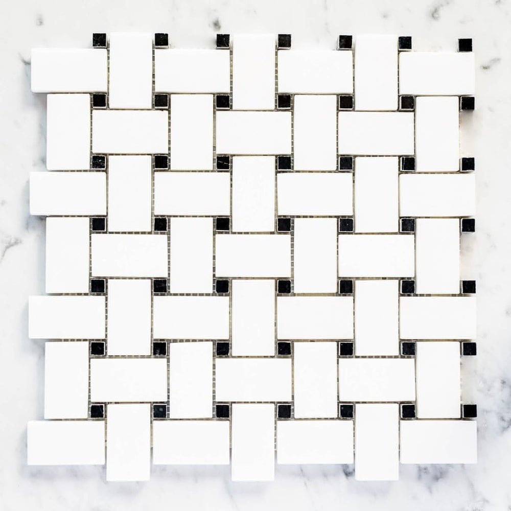 Thassos White Marble with Nero Marquina Dots Weave - Hey Tiles