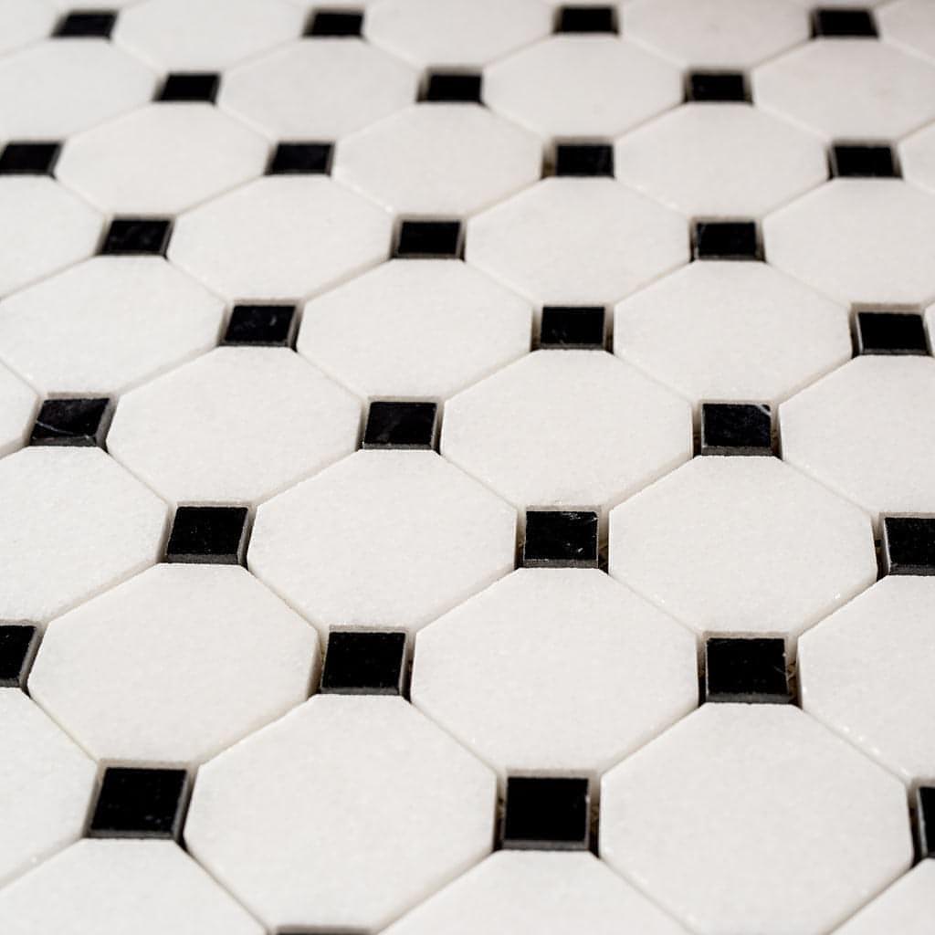 Thassos White + Nero Marquina Marble Octagon Mosaic12X12 - Hey Tiles