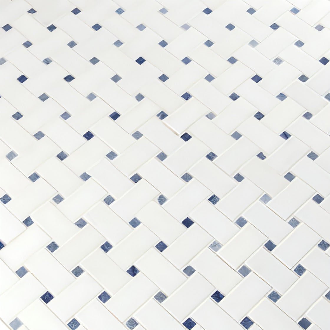 Thassos White with Blue Dots BasketWeave 12x12 Polished Marble Mosaic Tile - Hey Tiles